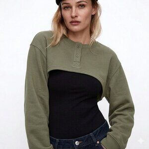 Zara Crop Shrug Sweatshirt Olive Khaki Green XS Long Sleeves Pullover